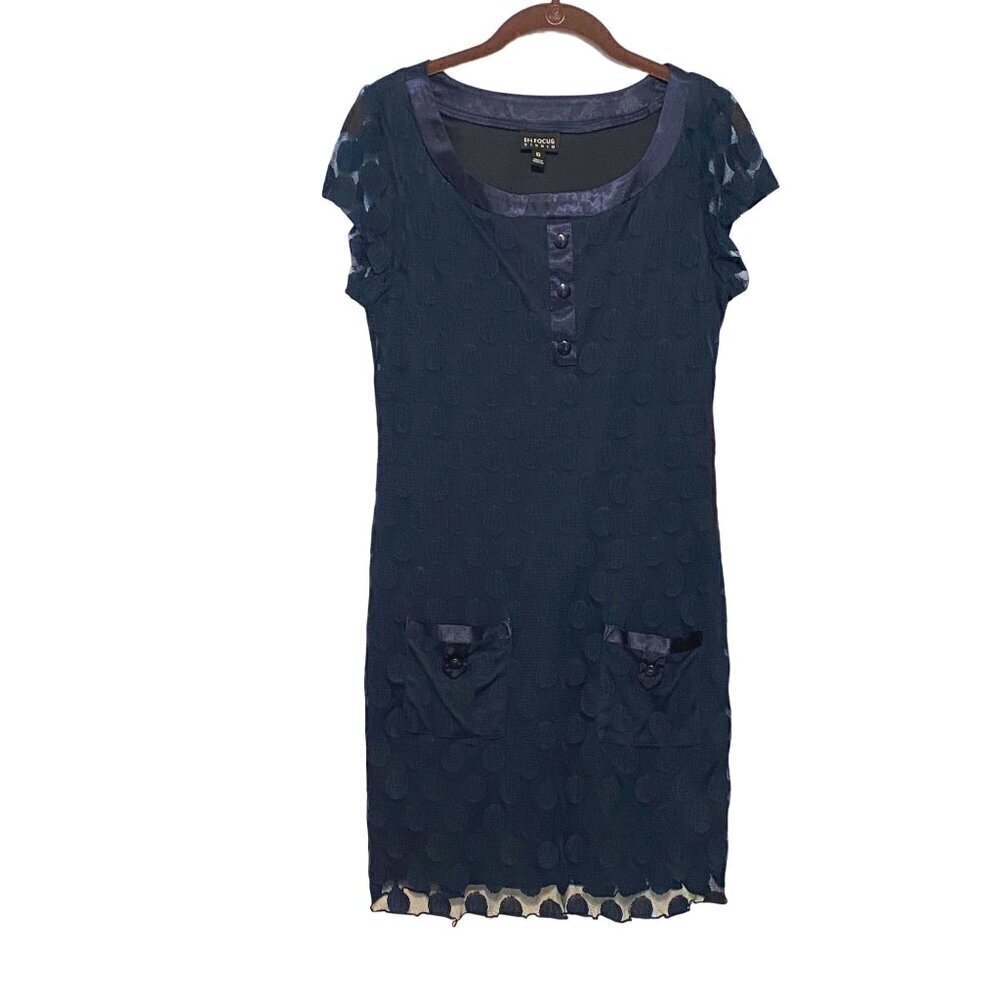 En Focus Studio Navy Shift Dress Lace Polka Dot‎ Overlay Women's Size 10 NWT